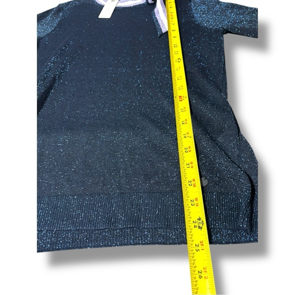 Anthropologie NUMPH Sparkly Navy with White Accents Short Sleeve Tie Collar Top - Picture 13 of 16